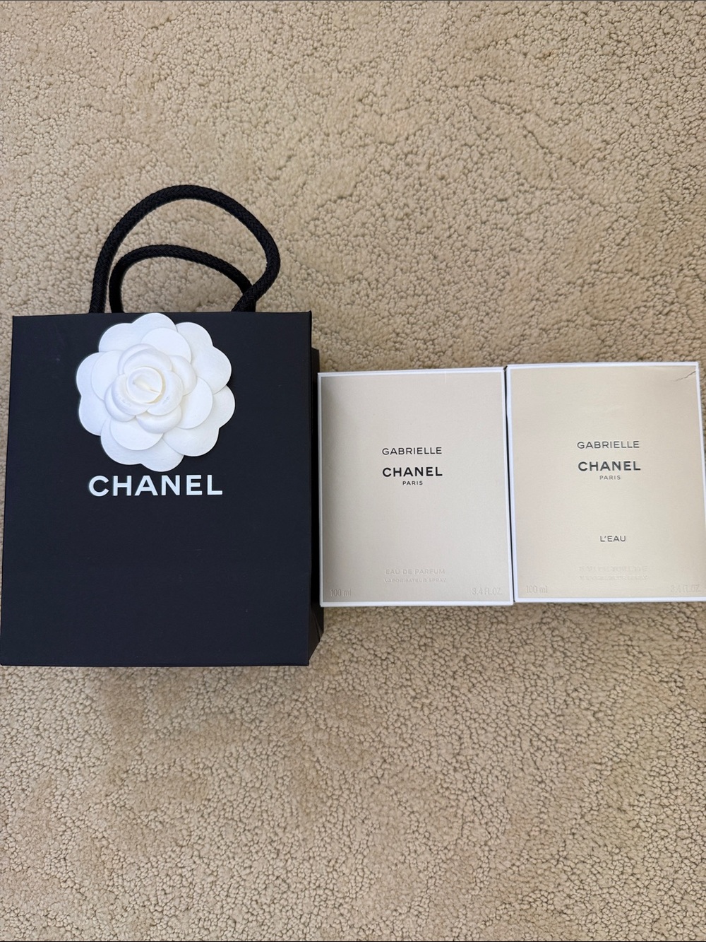 CHANEL Black Gift Bag with White Camellia size small and 2 empty perfume boxes